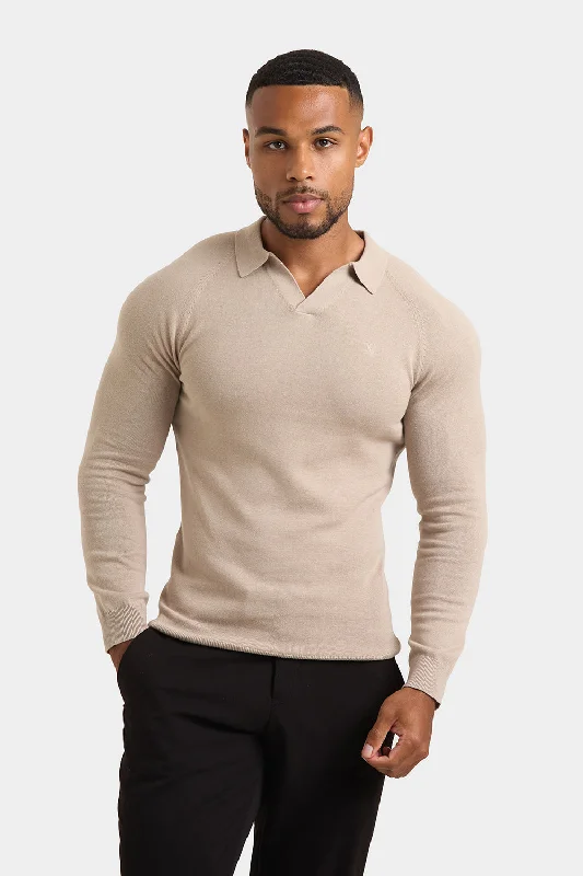Exclusive Offers Buttonless Open Collar Knitted Polo Shirt in Neutral