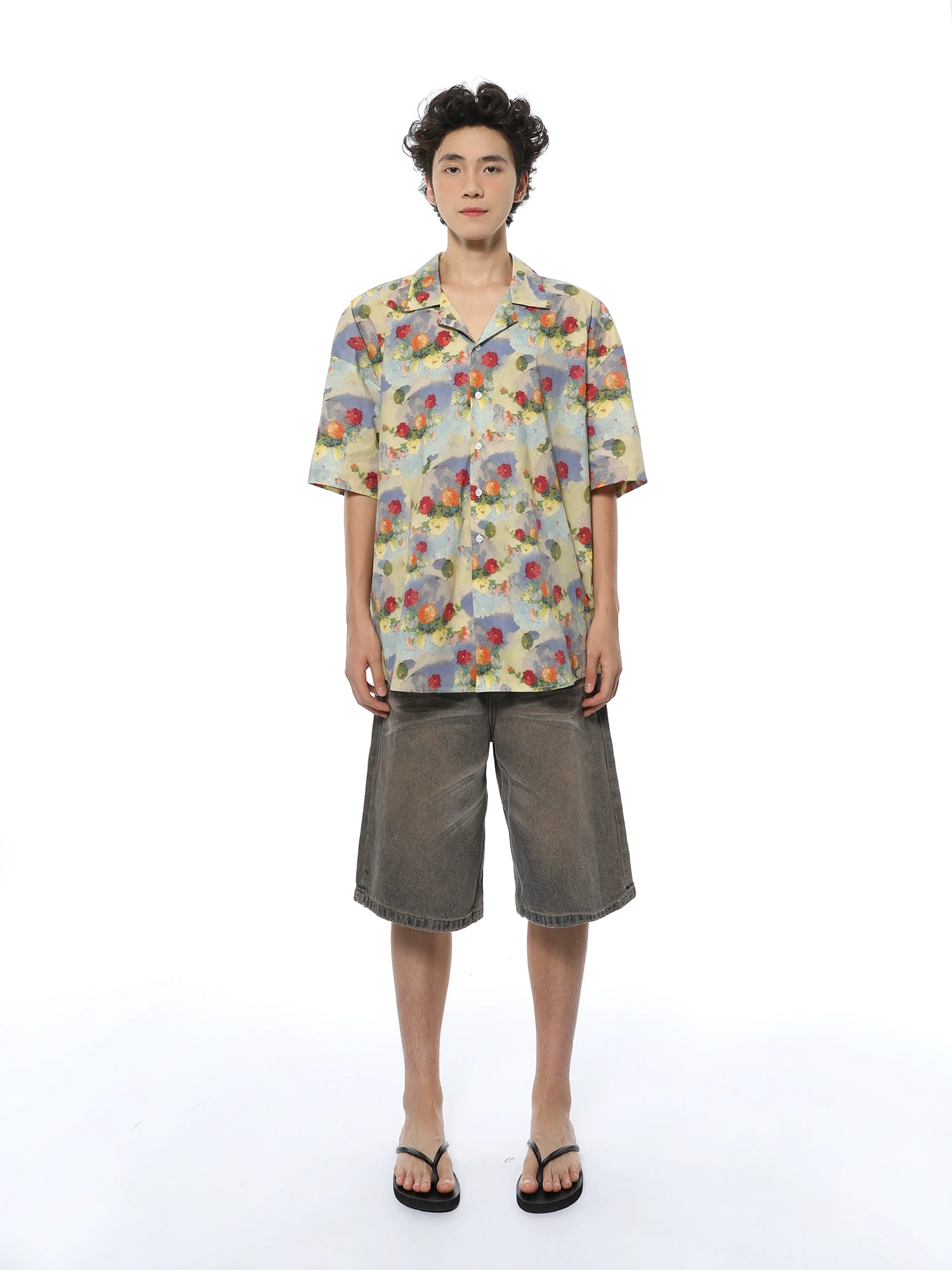 Make Your Weekend Count with Savings Floral Watercolor Print Oversized Short Sleeve Button-Up Shirt