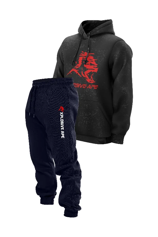 Value Deals XAPE Glitch Acid Wash Hoodie & Originals Joggers Combo - Black/Navy