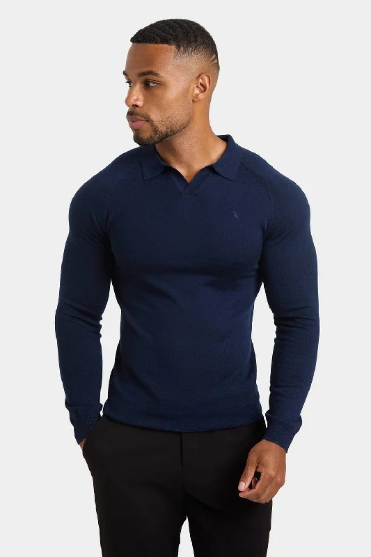 Low Prices Merino Wool Buttonless Open Collar Polo Shirt in Navy