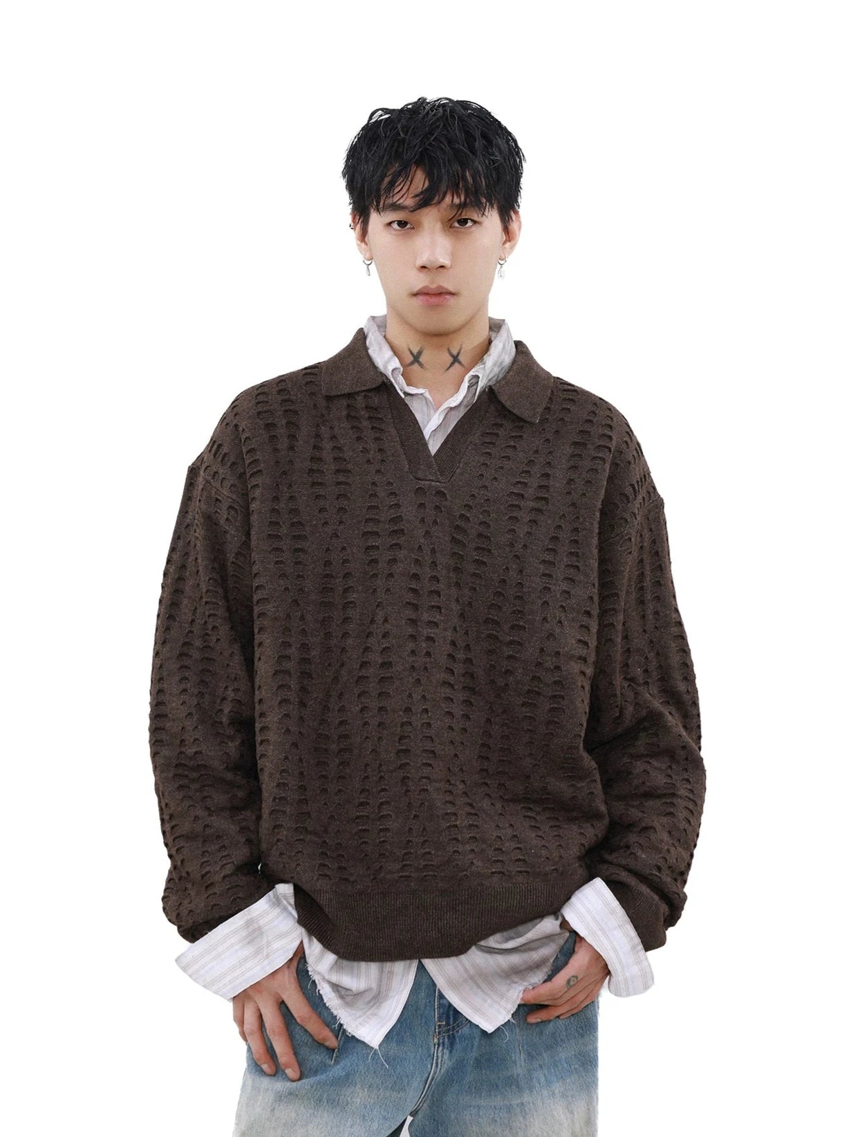 Exclusive Offers Collared Cutout Open Knit Sweater Top