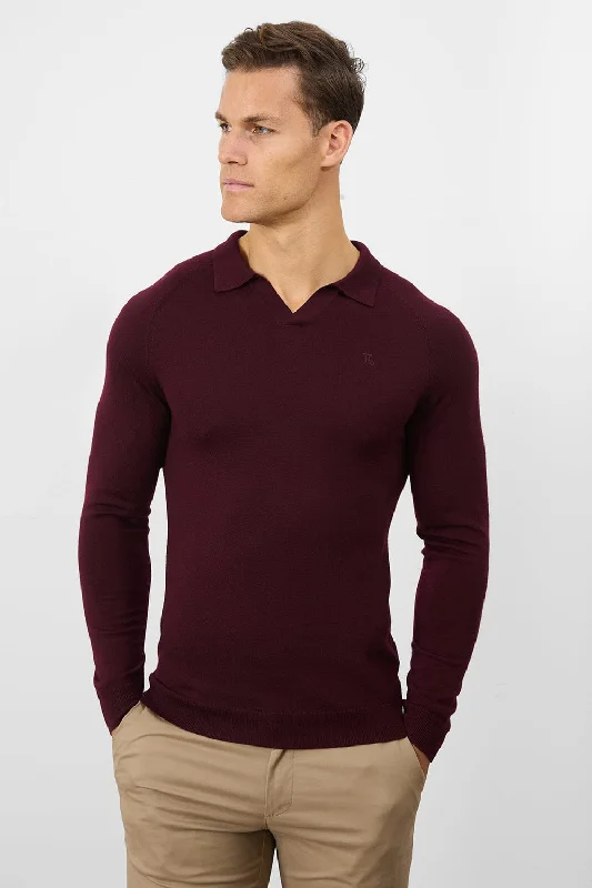 Amazing Deals Merino Wool Buttonless Open Collar Polo Shirt in Claret