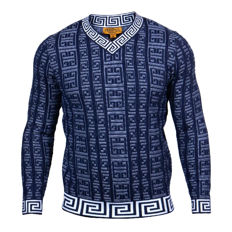 YEAR-End Clearance V-Neck Greek Print Sweater | (Navy)