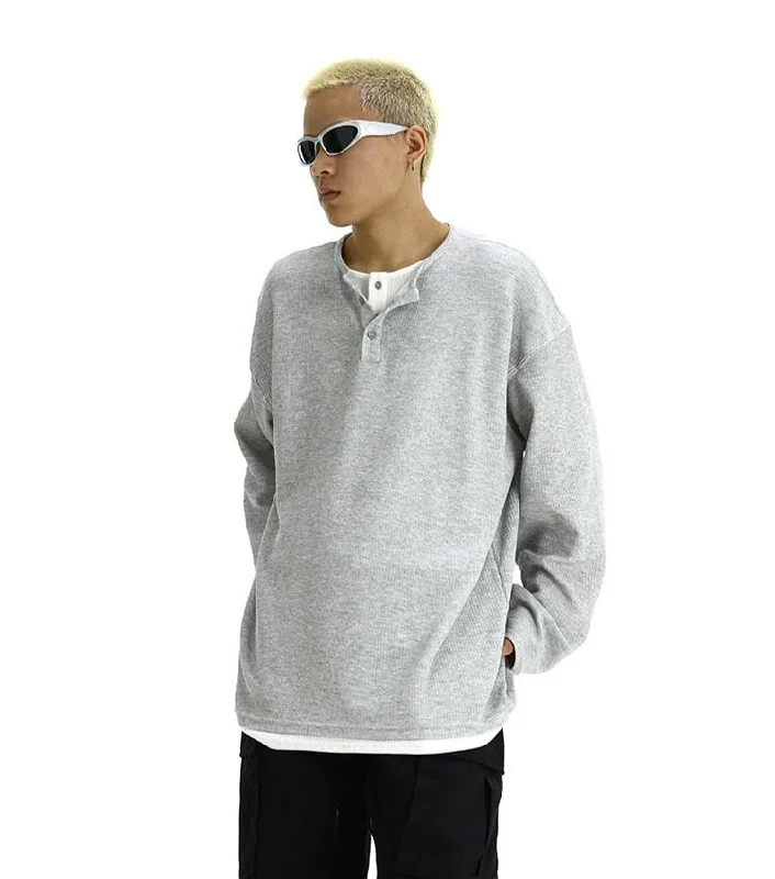 Steal Deal Oversized Henley Pullover Mock-Layered Long Sleeve Tee
