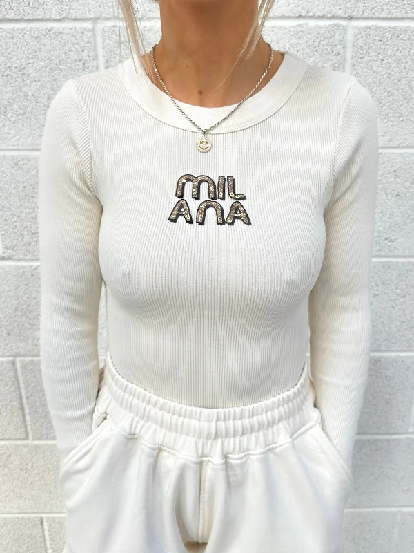 Final Offer Cream Embellished Ribbed Long Sleeve.