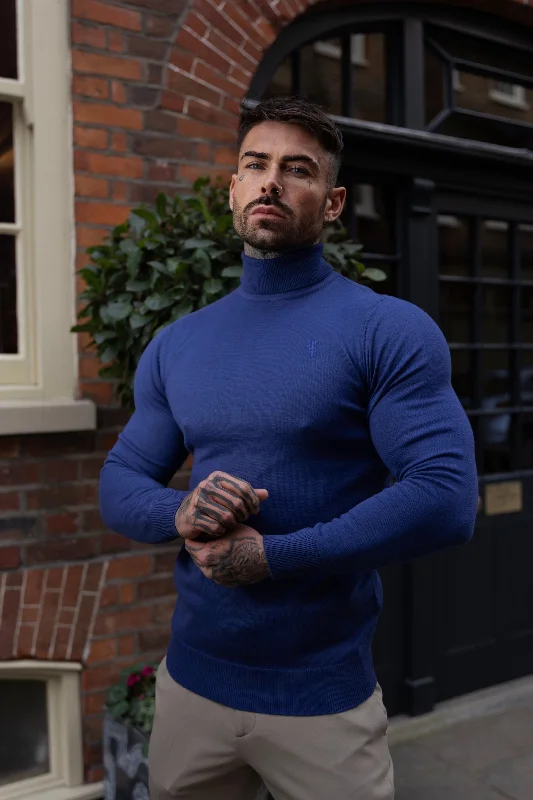 Act Fast Father Sons Classic Ocean Blue Roll Neck Knitted Jumper With Tonal Emblem - FSN136 Act Fast Father Sons Classic Ocean Blue Roll Neck Knitted Jumper With Tonal Emblem - FSN136