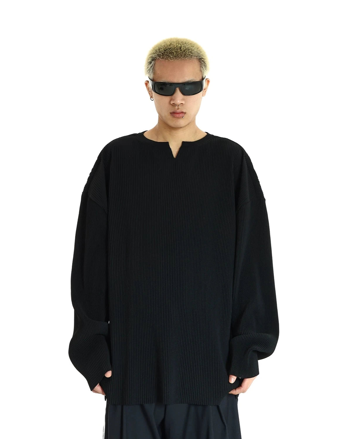 While Supplies Last Oversized Ribbed V-Neck Pullover Long Sleeve Tee