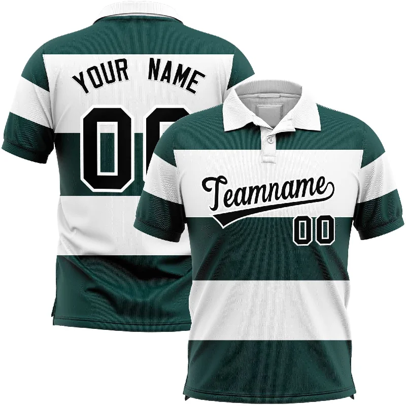 Online Only Custom White-Midnight Green Horizontal Stripe Design Performance Polo Shirt Online Only Custom White-Midnight Green Horizontal Stripe Design Performance Polo Shirt