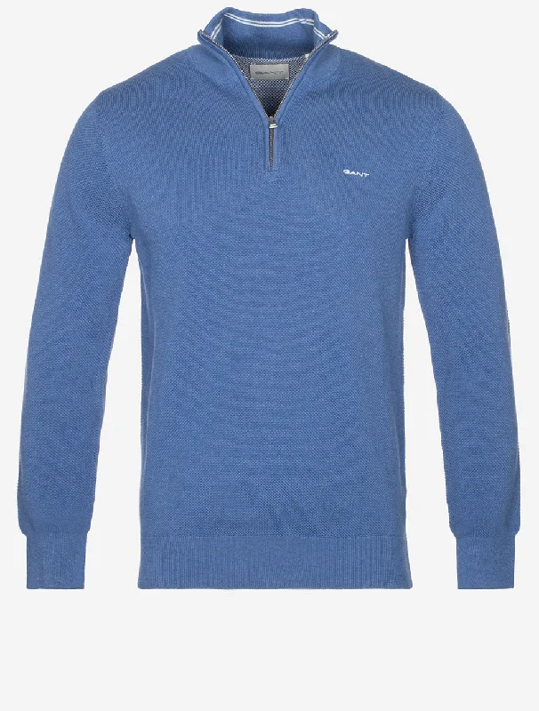 Flash Deal Baumwoll-Piqué mit halbem Reißverschluss, Denim-Blau-Melange