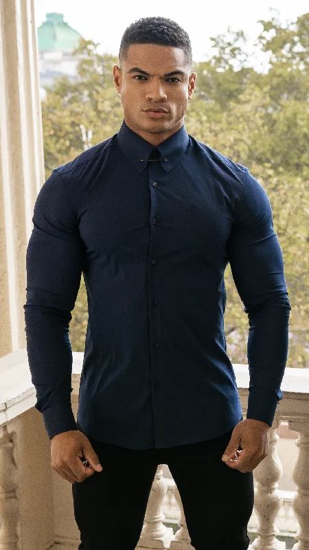 Time-Sensitive Father Sons Classic Navy Stretch Shirt with Gold Pin Collar - FS570