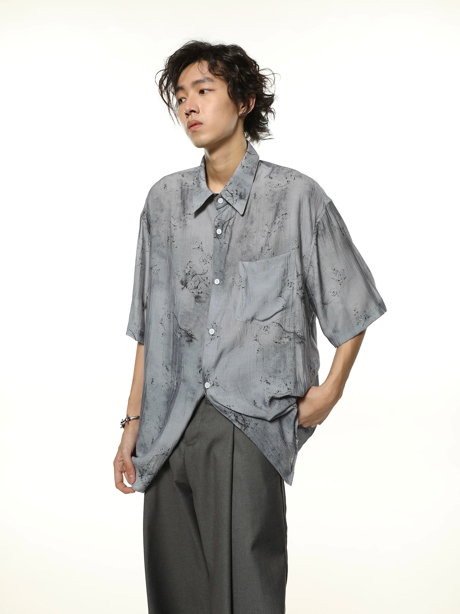 Quick Sale Metallic Sheen Abstract Print Oversized Button-Up Shirt