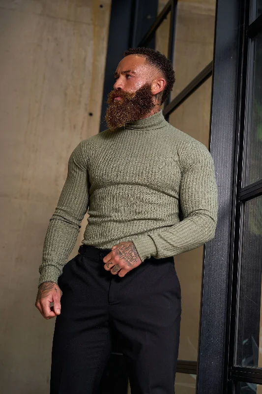Deal of the Day Father Sons Classic Olive Ribbed Knit Roll-neck Jumper - FSH1300