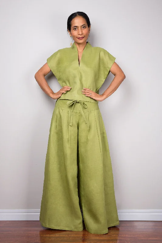 Weekend Deals to Make You Happy Handmade green linen long wide leg palazzo pants. Olive green high waist women's summer pants