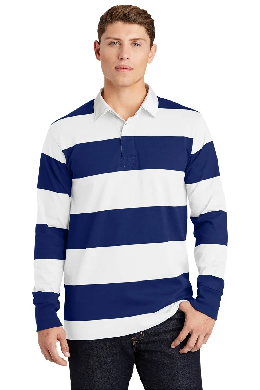 Crazy Deals Sport-Tek Mens Classic Rugby Long Sleeve Polo Shirt - True Royal Blue/White