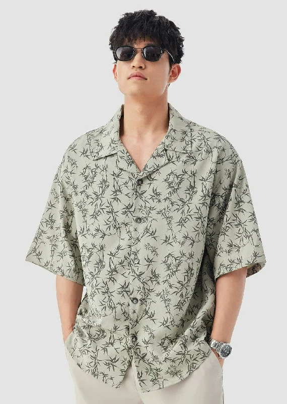 Final Clearance Oversized Bamboo Print Short Sleeve Button-up Shirt