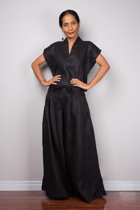 Weekend Savings Sensation Handmade black linen long wide leg palazzo pants. Black high waist women's summer pants