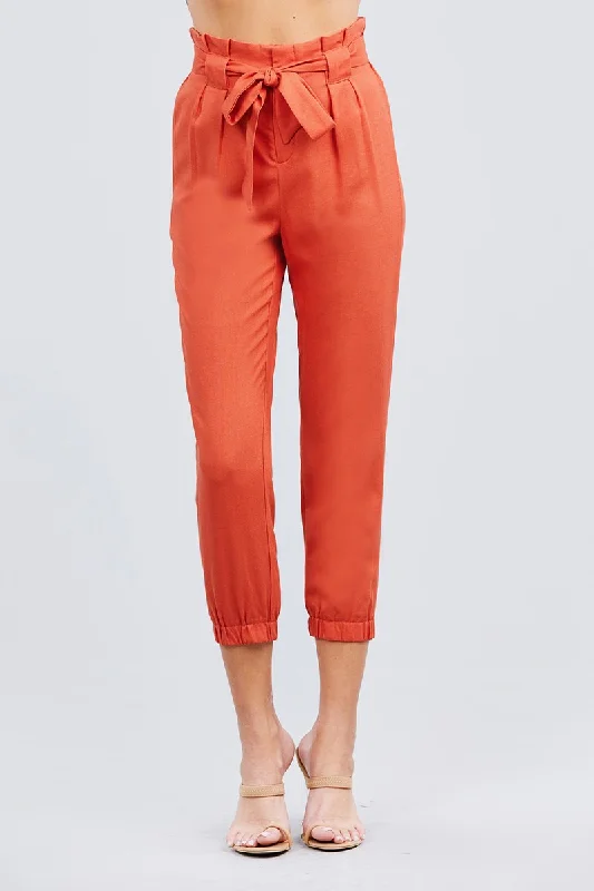 Lowest Price Paperbag W/bow Tie Elastic Hem Long Linen Pants