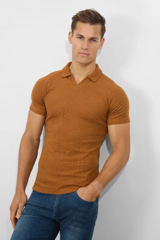 Discount Extravaganza Textured Open Collar Polo Shirt in Ginger