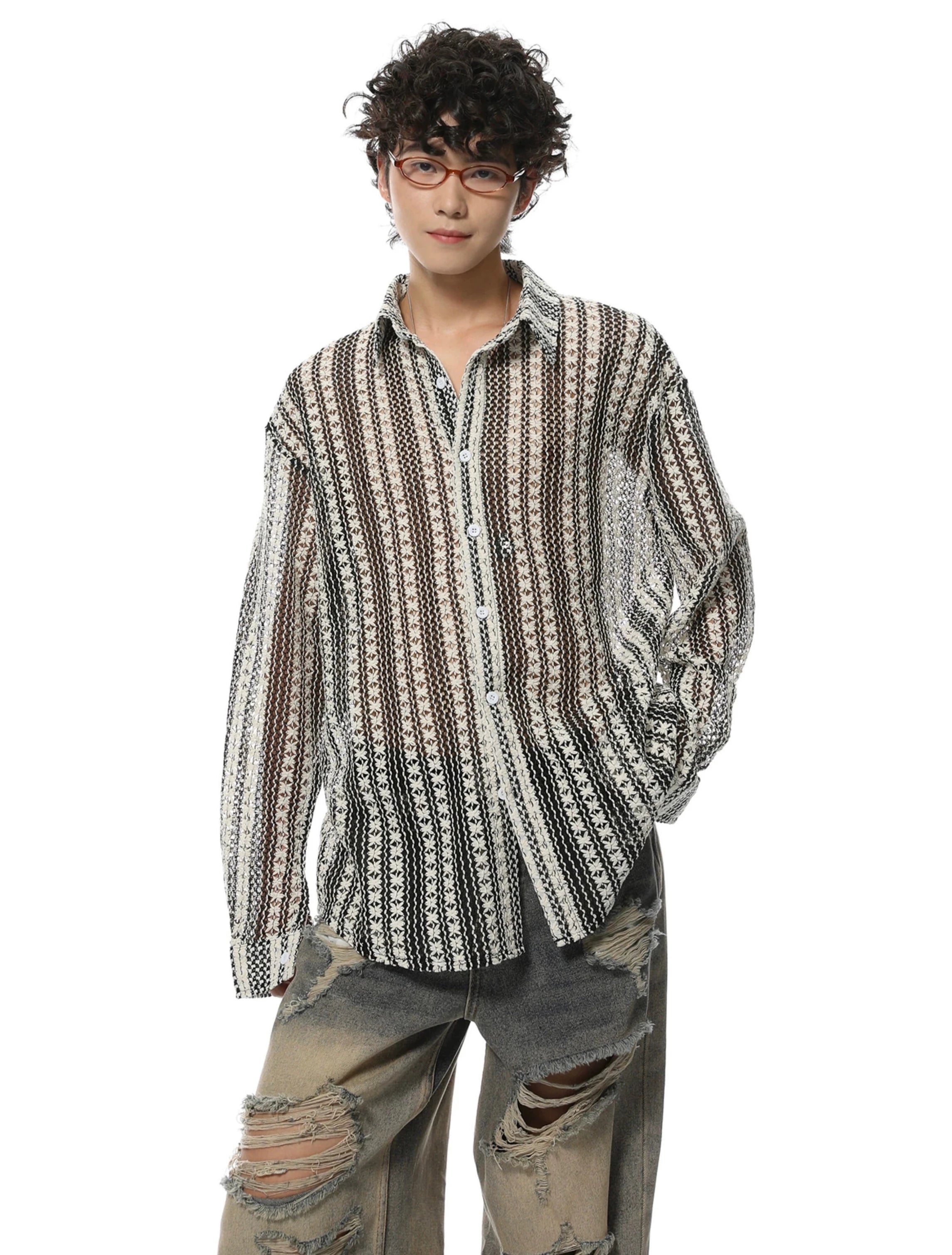 Weekend Savings Sensation Striped Sheer Button-Up Long Sleeve Shirt