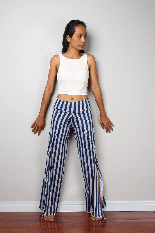 Weekend Specials to Cherish Striped pants / Blue and grey yoga pants / long blue striped pants / Split pants : Urban Chic Collection