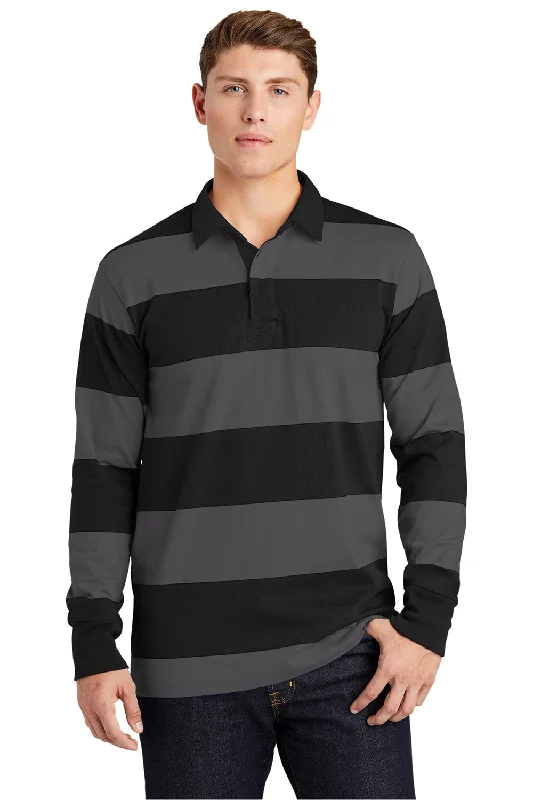 Price Rollback Sport-Tek Mens Classic Rugby Long Sleeve Polo Shirt - Black/Graphite Grey