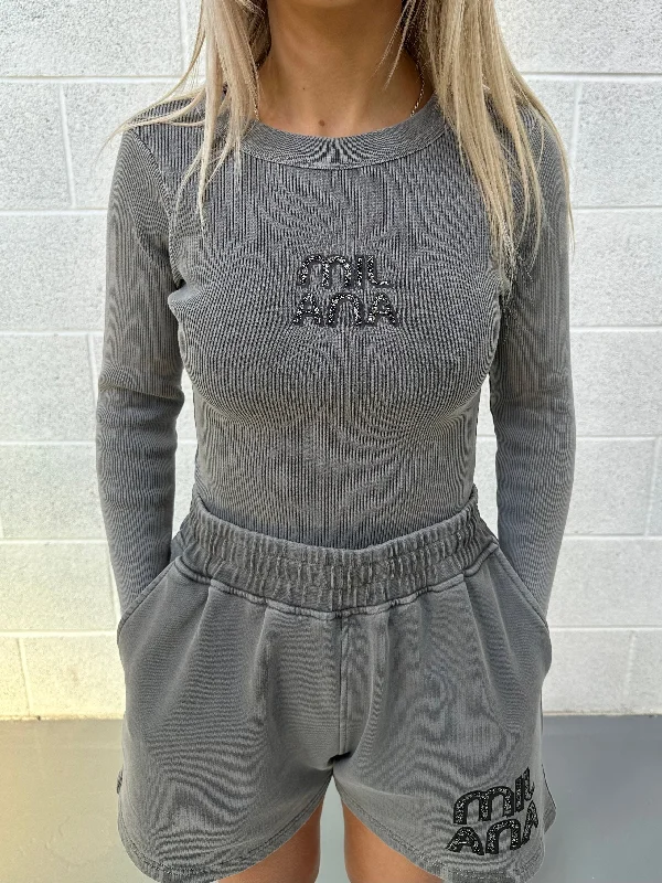 Deep Savings Washed Charcoal Embellished Ribbed Long Sleeve.
