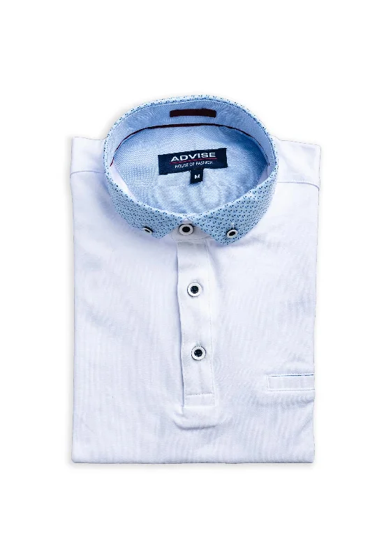 Price Buster Advise Contrast Micro Print Trim Polo Shirt, White