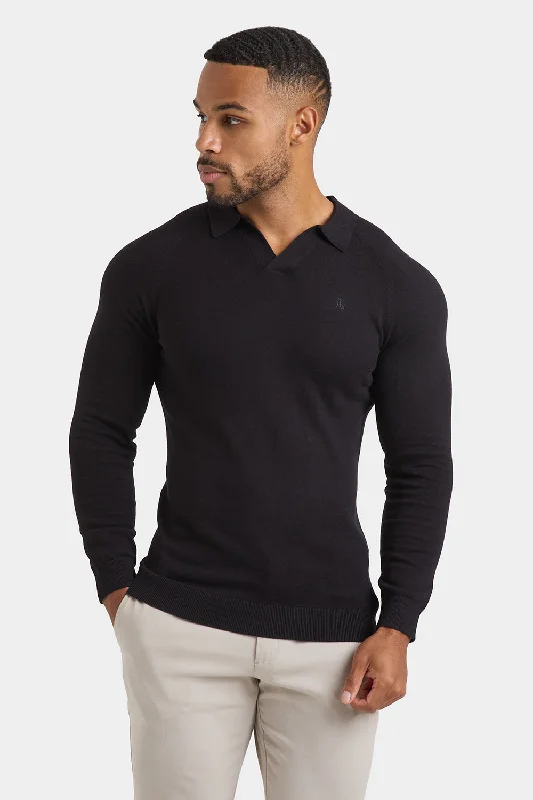 Savings Event Buttonless Open Collar Knitted Polo Shirt in Black
