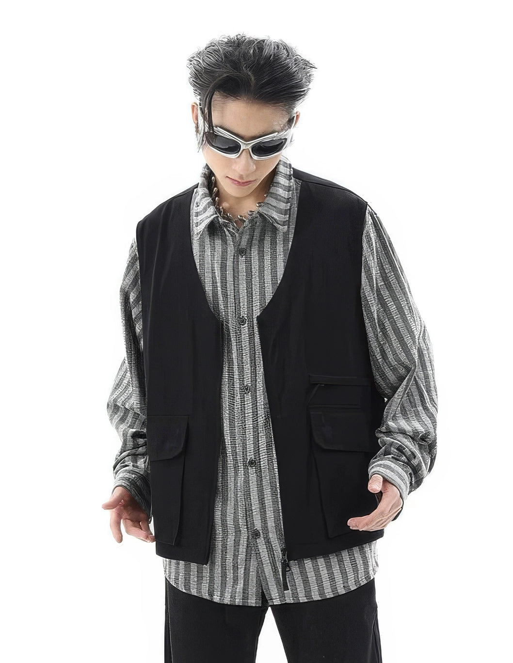 Mega Sale Striped Mock Layered Vest Long Sleeve Shirt