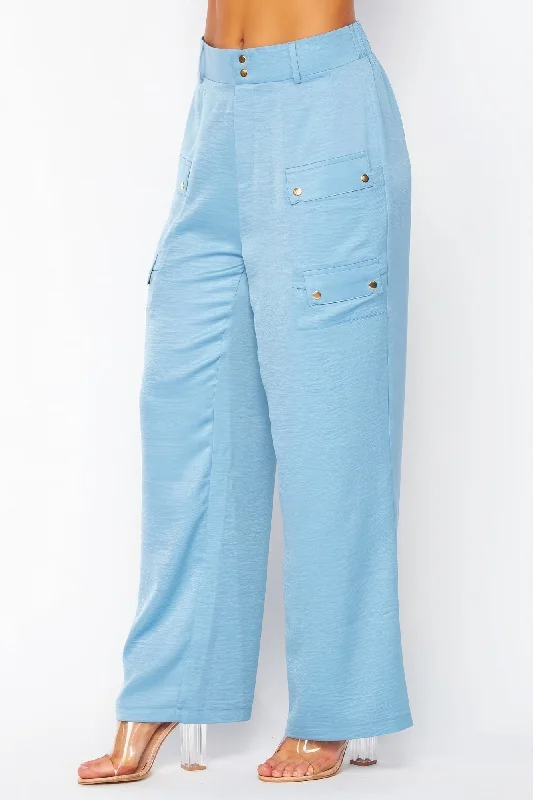 Weekend Savings Bonanza Satin Cargo Pocket Wide Leg Pants
