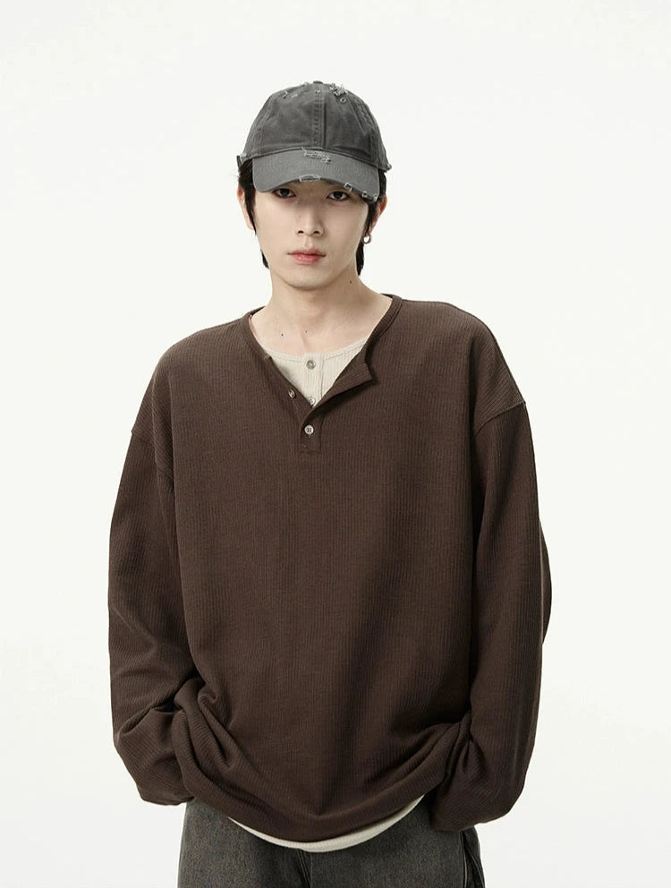 Closeout Deal Oversized Mock-Layered Ribbed Knit Henley Top