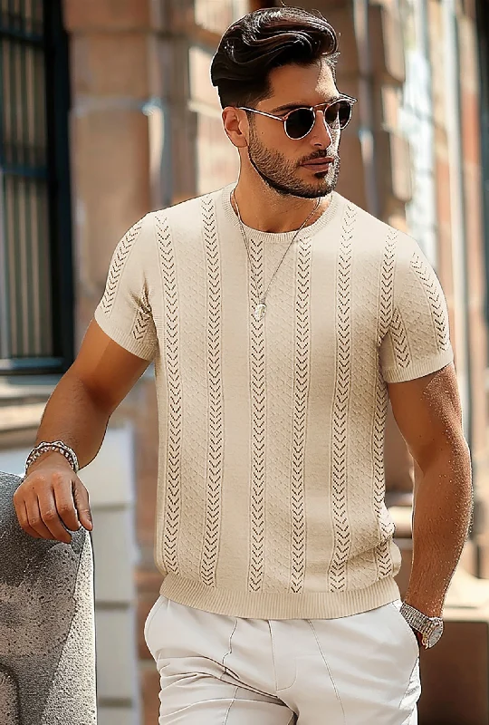 Weekend Deals to Brighten Your Day Men's Casual Knit Short Sleeve Crewneck Hollow Out Knitted Pullover T-Shirts