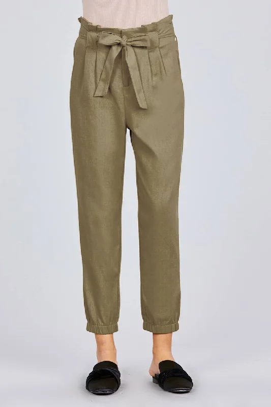 Hurry In Paperbag W/bow Tie Elastic Hem Long Linen Pants