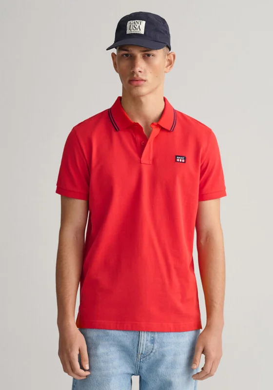 Bargain Prices Gant Striped Contrast Collar Pique Polo Shirt, Bright Red