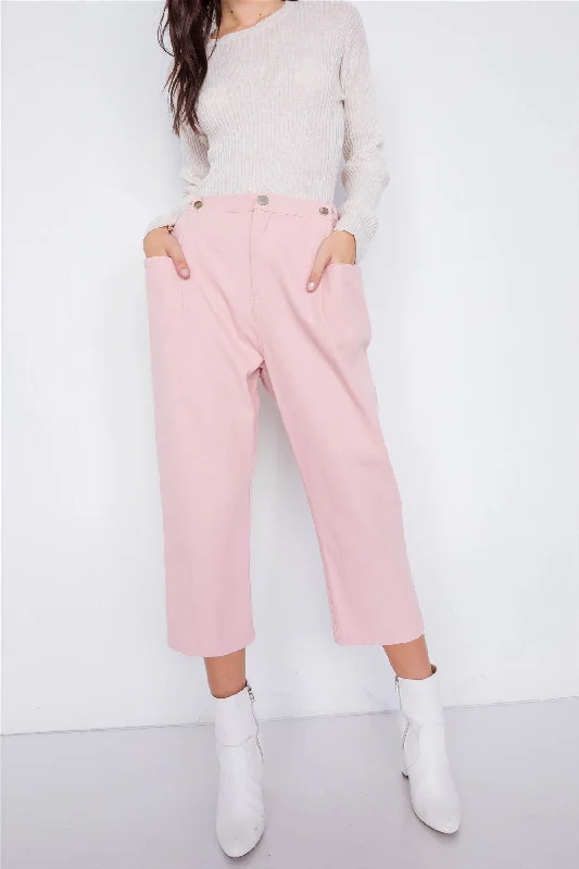New Deal Pastel Chic Solid Ankle Wide Leg Adjustable Snap Waist Pants