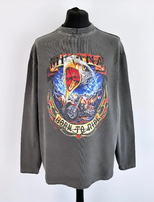 Year-End Deals Washed Charcoal Heavyweight Eagle Long Sleeve T-shirt.