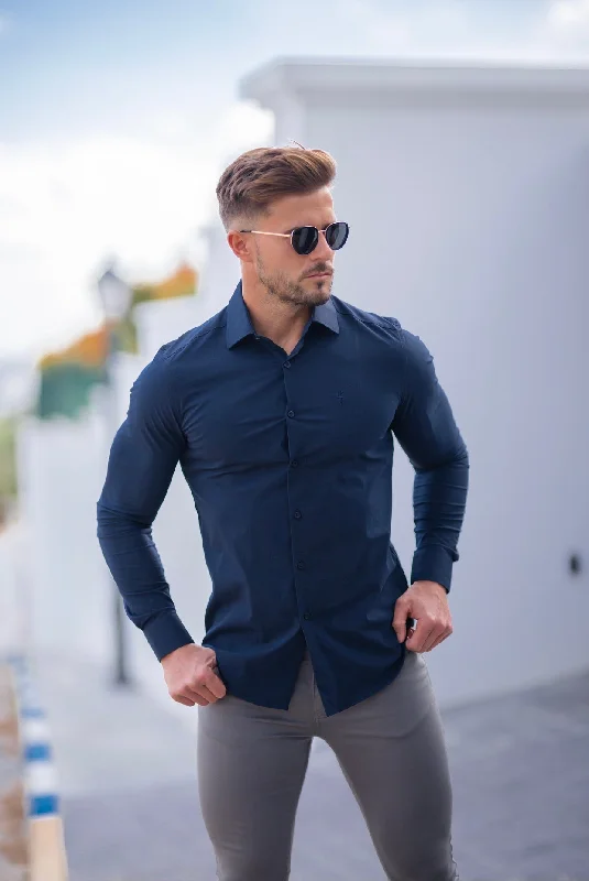 Super Savings Father Sons Classic Navy Stretch Shirt with Button Down Collar and Navy Embroidery - FS564 Super Savings Father Sons Classic Navy Stretch Shirt with Button Down Collar and Navy Embroidery - FS564