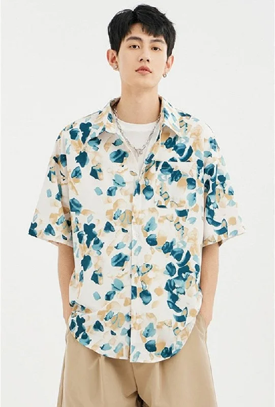 Weekend Offers That Tempt Floral Stamp Print Short Sleeve Button-Up Shirt