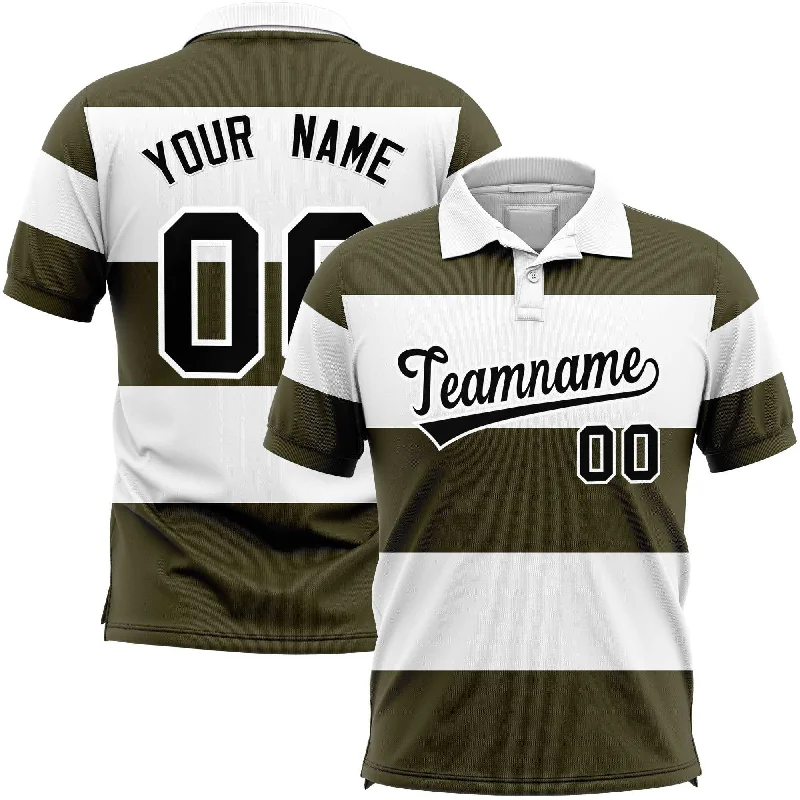 Steals and Deals Custom White-Olive Horizontal Stripe Design Performance Polo Shirt
