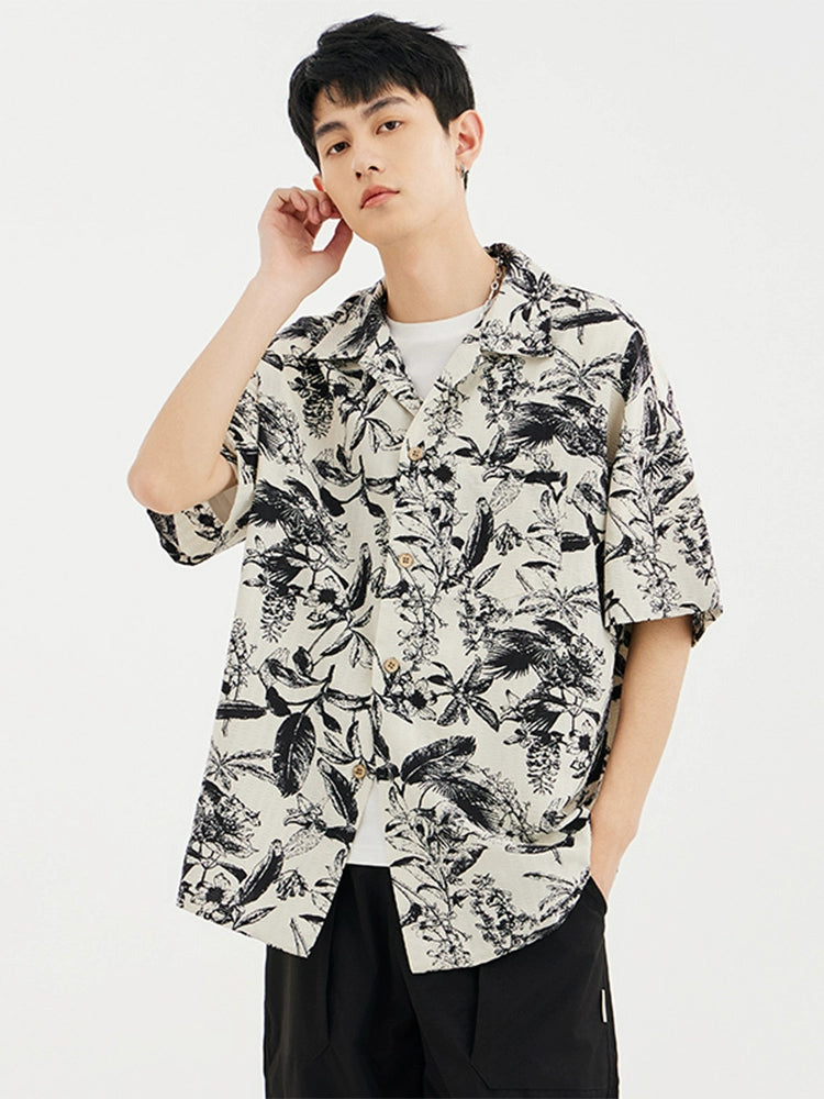 Weekend Savings Spectacular Monochrome Floral Print Button-Up Short Sleeve Shirt