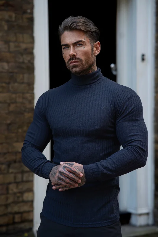 Quick Deals Father Sons Classic Navy Ribbed Knit Roll-neck Jumper - FSH957