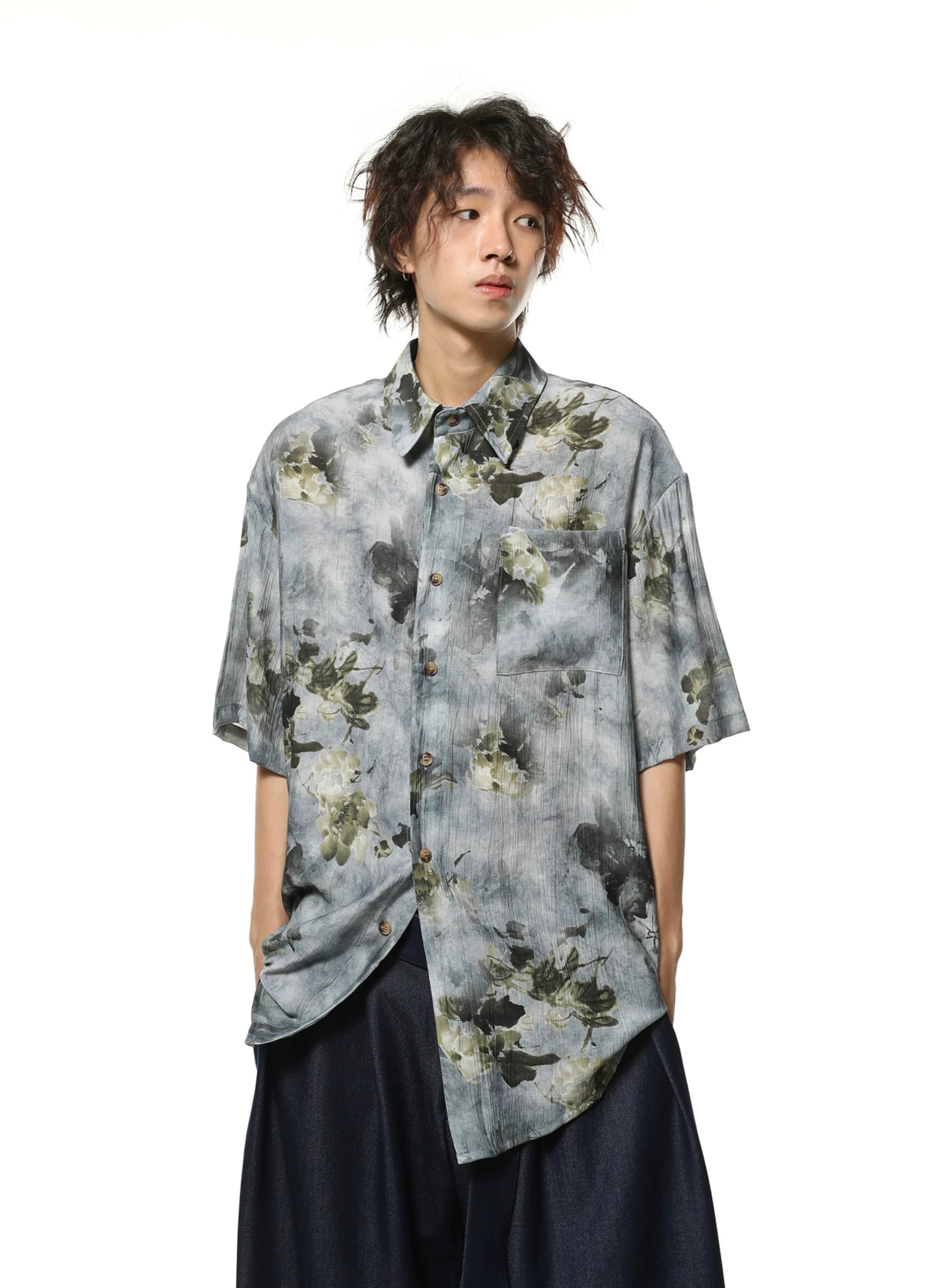 Unbeatable Prices Washout Floral Print Oversized Button-Up Shirt with Pocket