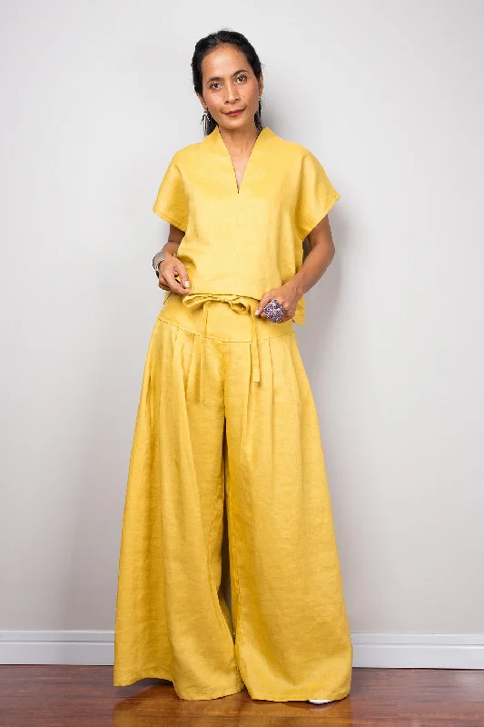 Weekend Deals That Dazzle Handmade yellow natural linen long wide leg palazzo pants. Mustard yellow high waist women's summer pants