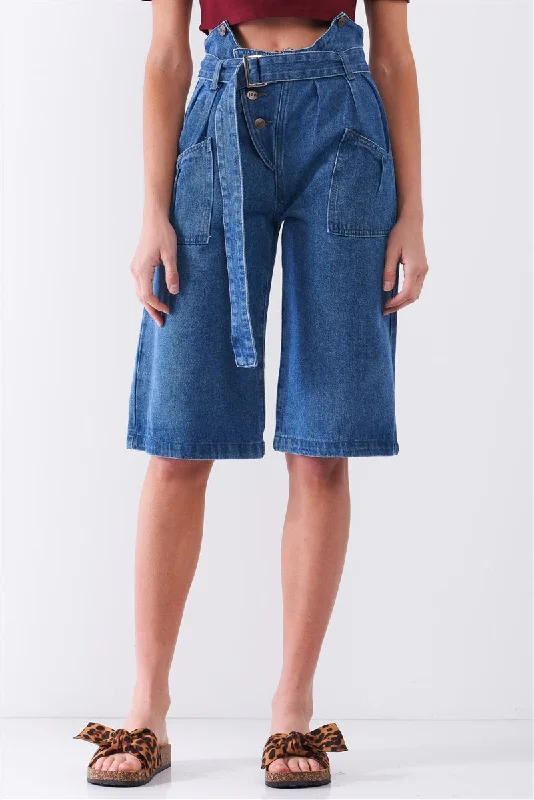 Weekend Savings Extravaganza Mid Blue Denim Front Cut-out High-waist Buckle Self-tie Belt Detail Midi Flare Jean Pants