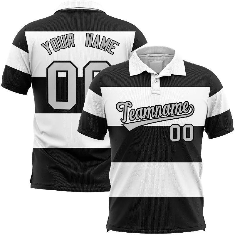 Best Deals Custom White-Black Horizontal Stripe Design Performance Polo Shirt