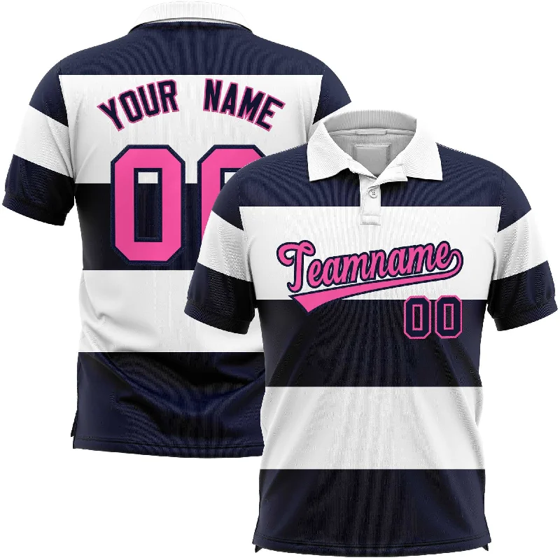 Bonus Savings Custom White-Navy Horizontal Stripe Design Performance Polo Shirt