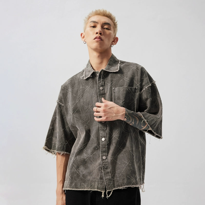 Weekend Bargains to Celebrate Distressed  Crosshatch Button-Up Overshirt with Frayed Hem