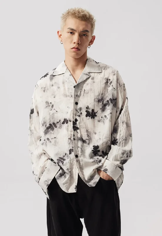 Weekend Savings Extravaganza Leaves Print Long Sleeve Button-Up Shirt