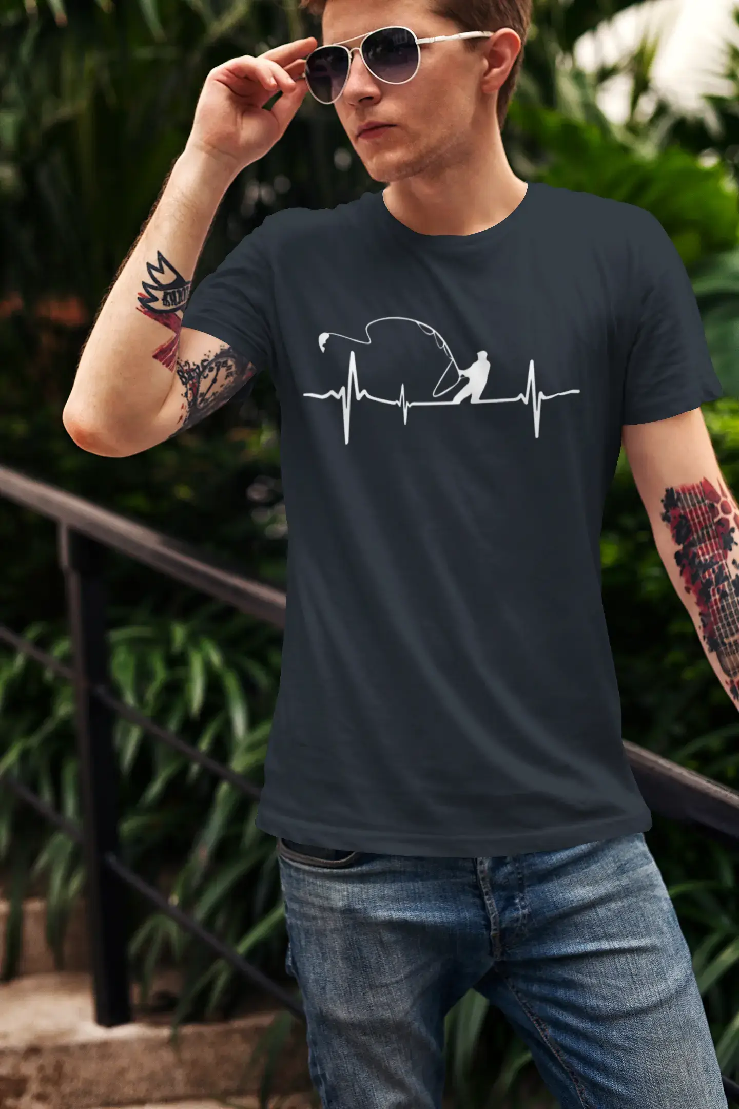 Instant Savings ULTRABASIC - White Graphic Printed Men's Fisherman
 Heartbeat T-Shirt Mouse Grey