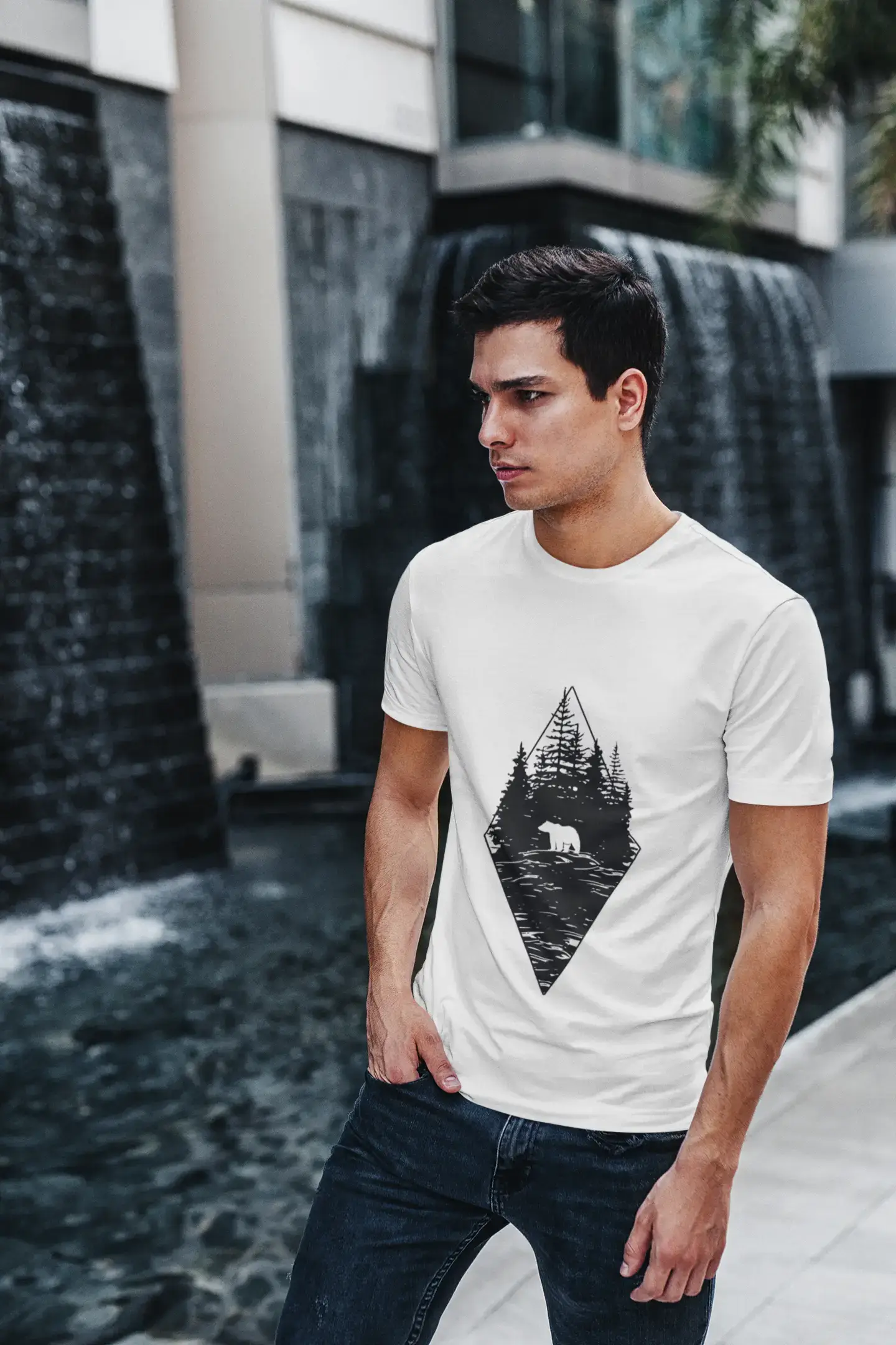 Limited Availability ULTRABASIC - Graphic Printed Men's Forest Bear T-Shirt Denim